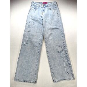 Telepatia Light Wash Bow Embroidered Wide Leg Jeans Coquette Aesthetic Blue 5/27